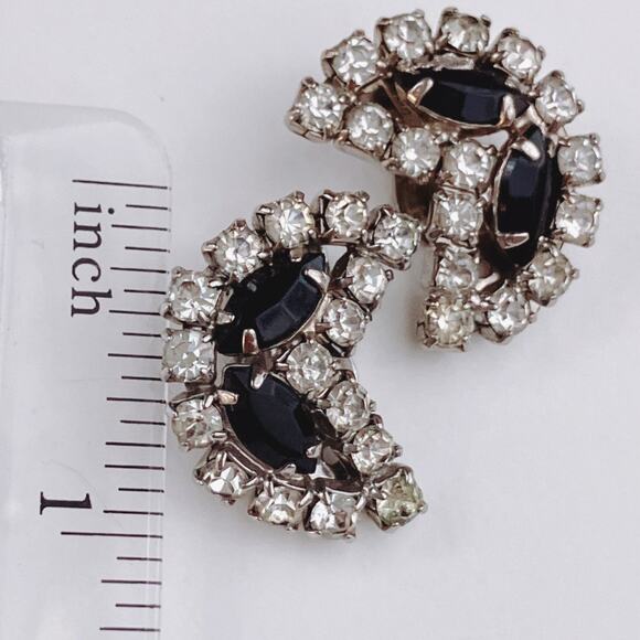 VTG Mid Century Clip On Earrings Rhinestone Crescent Silver Tone 1950s 1960s - Picture 7 of 12